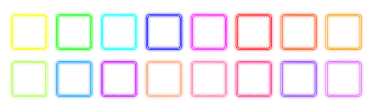 Set of gradient neon square frame with color electric LED glow on white background. Bright glowing borders and luminous line box. Futuristic illuminated shape in PNG. Vector illustration.