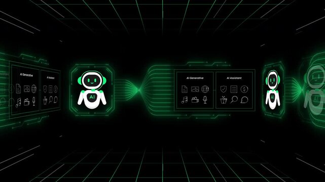 Perspective 3D tunnel room filled with floating green AI robot assistant avatars and content generation asset panels.