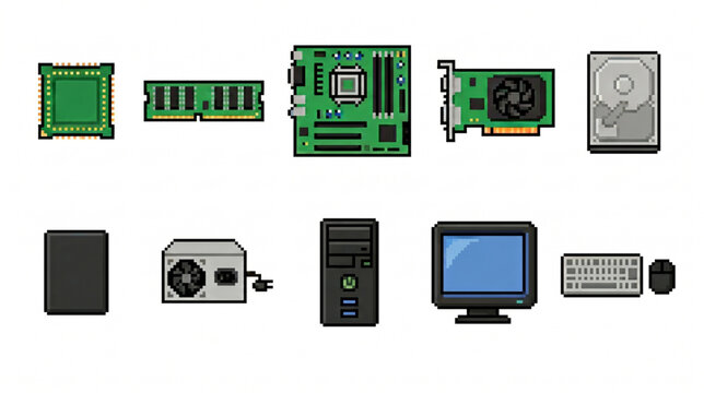 Computer Hardware Components Pixel Art Vector Set. Retro 8-Bit PC Parts Icons Including CPU, Motherboard, RAM, GPU, Monitor, and Keyboard for Tech Graphics
