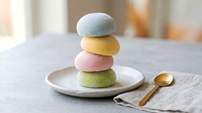 A vertical stack of colorful mochi treats featuring soft pastel blue yellow pink and green dough balls served on a textured ceramic plate with gold spoon.