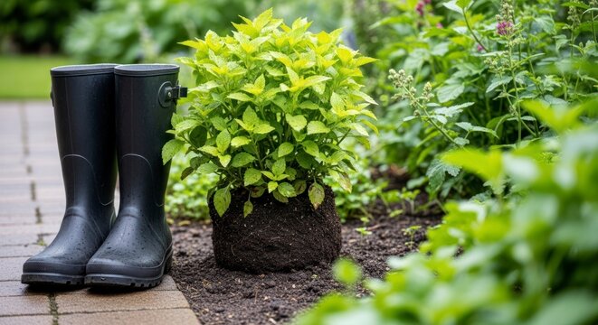 Vibrant Chartreuse Plant with Exposed Roots Awaits Planting Beside Wet Boots