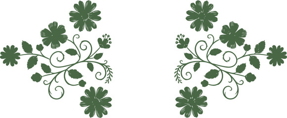 Fototapeta premium Pair of symmetrical floral branch decorations in dark green stylized vector art isolated on white background for vintage design projects and elegant botanical stationery graphics