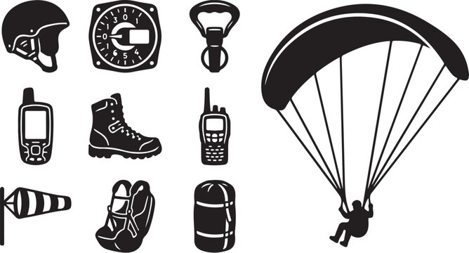 Paragliding Adventure Sports Equipment Icons Set Black