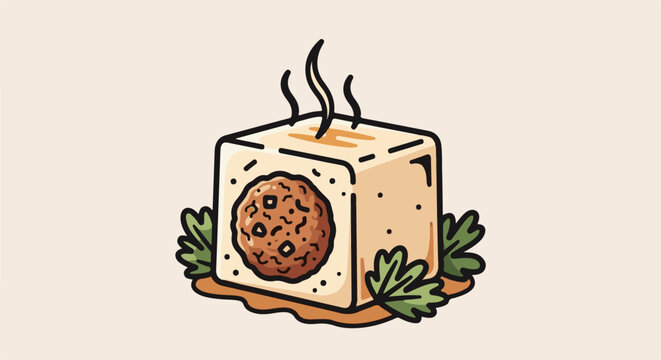 Cartoon block with meatball on front and steam