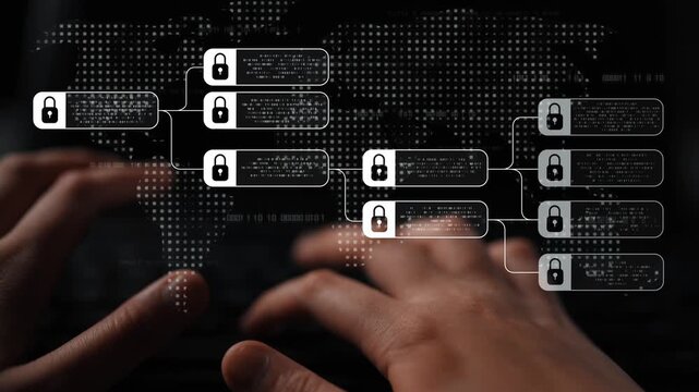Blockchain structure showing distributed data blocks linked with encryption, representing secure transaction verification, decentralized control, and immutable record system Marrow