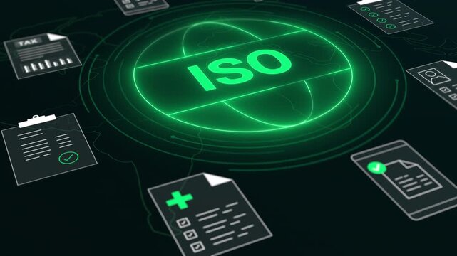Flat technical user interface layout focusing on international ISO policy standards, audit metrics, and code files.