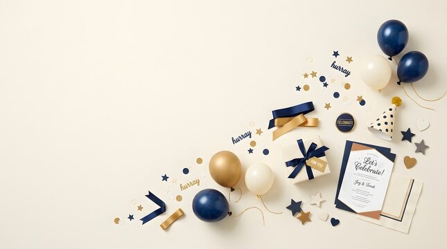 Festive celebration layout with navy and gold accents balloons gifts and confetti on beige