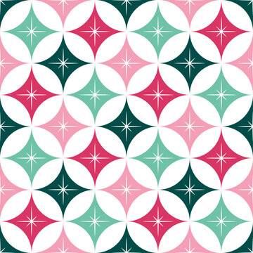 Seamless Christmas Pattern with Green, Pink and Red Stars. Repeatable Festive Stars Pattern for Xmas Background, Greeting Card, Invitation, Cover. Vector Illustration.
