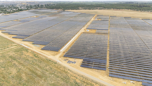 Aerial view of a large solar farm with rows of photovoltaic panels and dirt roads in a rural landscape in Coria del Rio, Andalusia, Spain.