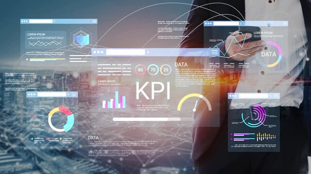 Business professional analyzing key performance indicators with digital graphs and data visualizations in modern office setting at night Gluon.