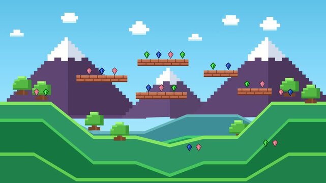 8 Bit Retro Arcade Video Game Landscape with Floating Platforms and Crystals