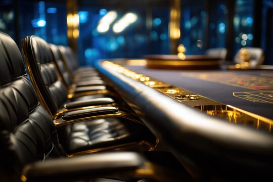 Empty luxury casino table and elegant black leather chairs with gold details in high-end gaming room, with blurred bokeh background