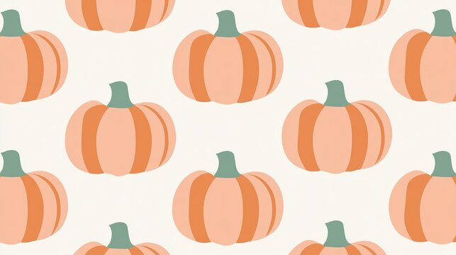 Soft seamless repeat pattern with minimalist flat styled pastel orange pumpkins and pale green short thick stems scattered across solid off-white base, ideal for autumn seasonal textile