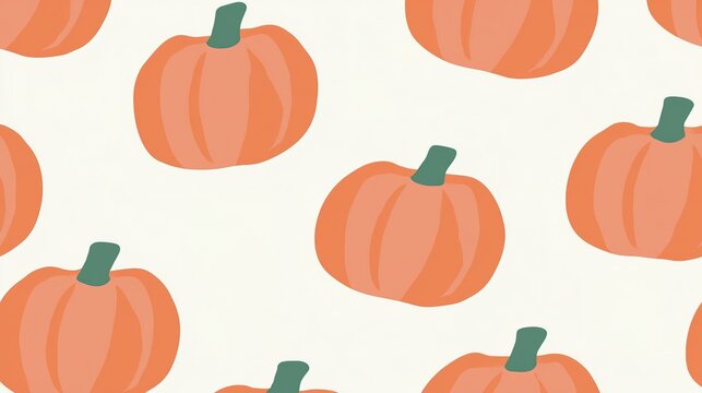 Soft seamless repeat pattern with minimalist flat styled pastel orange pumpkins and pale green short thick stems scattered across solid off-white base, ideal for autumn seasonal textile