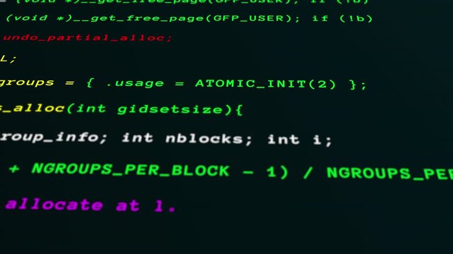 Seamless terminal console display showing automated data processing and Linux kernel programming code lines.