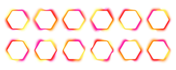 Set of colorful neon hexagon frame with gradient glow and electric LED effect. Sharp corners, bright borders and luminous line. Futuristic light box in PNG. Vector illustration. © ikril