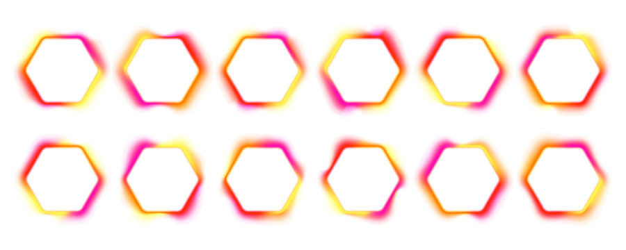 Set of colorful neon hexagon frame with gradient glow and electric LED effect. Sharp corners, bright borders and luminous line. Futuristic light box in PNG. Vector illustration.