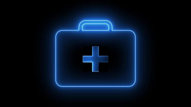 Glowing blue neon first aid kit animation on black background, for medical and, healthcare digital projects