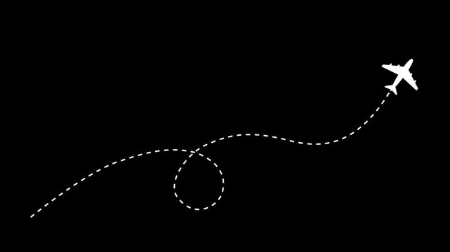 Animated airplane with dotted flight path trajectory on black background, for travel and, logistics motion