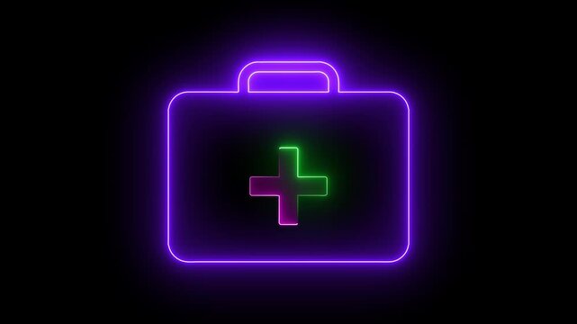 Neon medical first aid kit glowing animation on black background, for healthcare and, emergency services