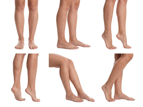 Multiple views of bare female lower legs and feet, highlighting skin and muscle definition.