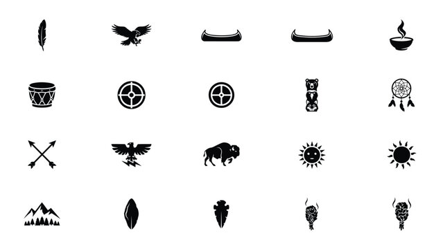 Set of indigenous culture flat icons including totem animals and traditional tribal items.