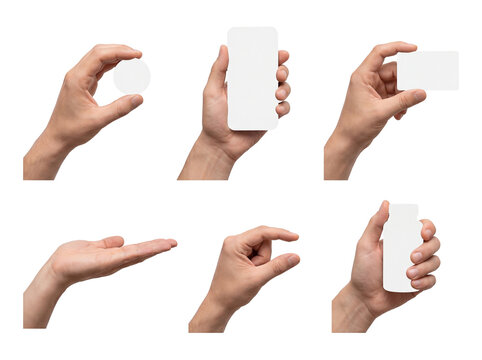 Diverse male hands holding various blank objects including phone, card, bottle, and showing gestures.