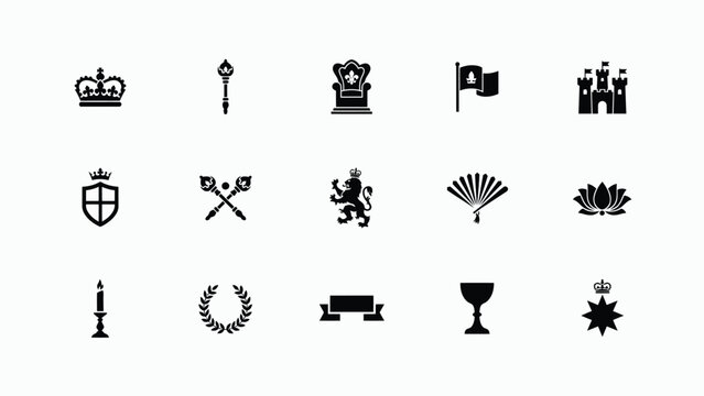 Collection of royal and heraldic symbols including crown scepter throne flag and castle.