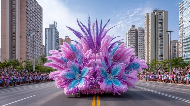 Vibrant carnival float with purple and pink feathers parades down a city street with spectators