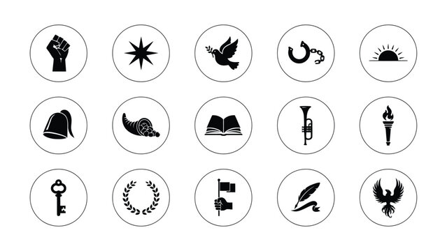Juneteenth celebration icons in circles: raised fist, star, dove, broken shackles, sunrise.