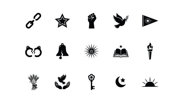 Chains broken handcuffs star fist dove flag vector icons for freedom.