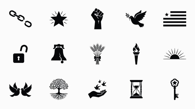 Chains star fist dove flag lock bell wheat torch sun freedom symbols.