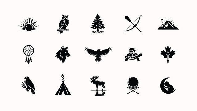 Native american inspired icons owl tree bow mountains dreamcatcher wolf.