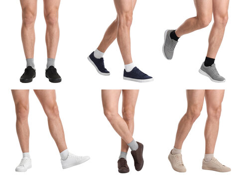 Collection of male legs in diverse athletic shoes and socks, showcasing various walking and standing poses.