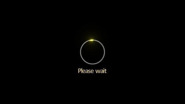 Minimalist loading spinner with please wait text animation on black background, for digital interface