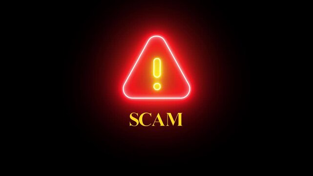 Neon scam warning sign animation with glowing red triangle and exclamation point for cyber security and fraud prevention