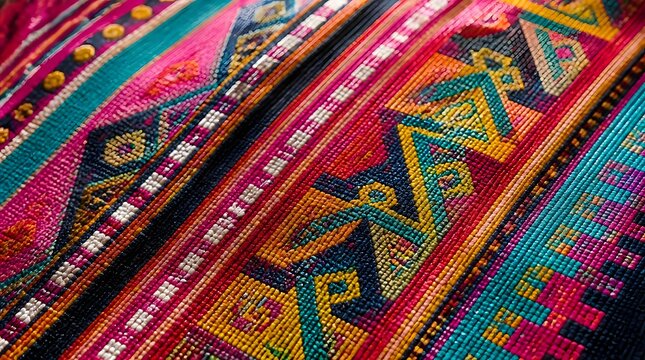 Close up of colorful traditional Andean woven textile fabric with geometric patterns.