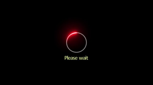 Loading spinner animation with glowing red light effect and please wait text on black background progress