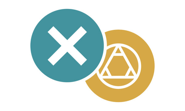 Minimalist icon design of two overlapping circular tokens with simple geometric centers against a solid white background, modern interface element concept