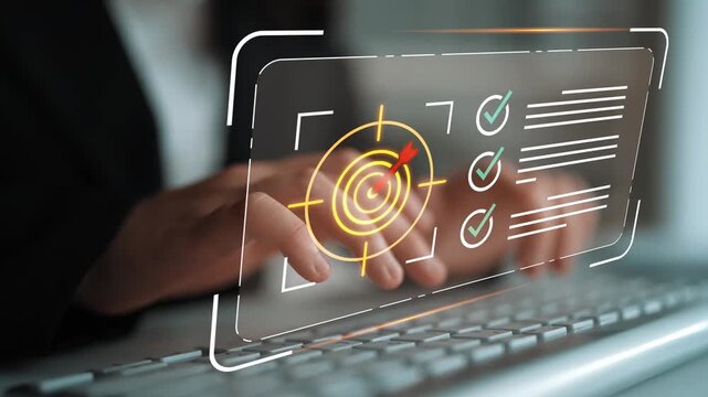 Professional hands typing on a keyboard with an overlay of a target symbol and checklist elements for goal achievement and digital performance tracking Gluon.
