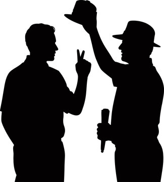 Two men in silhouette one giving peace sign and other tipping hat  friendly interaction