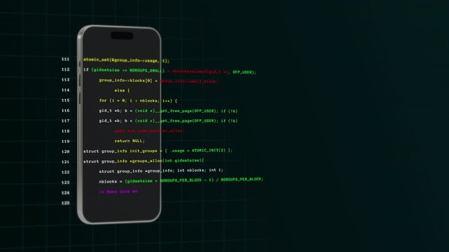 Modern mobile phone screen tracking smart software development code scripts with floating technical interface grids.