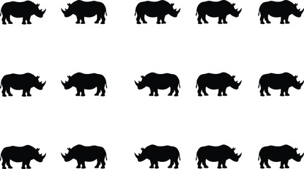 Rrhinoceros silhouette pattern background featuring rows of black wild rhino icons isolated on a clean white backdrop © MstNajma