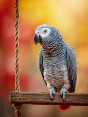 Fototapeta premium Elegant grey parrot perched on a rustic wooden swing with vivid warm autumn colors softly blurred in the background for a cozy natural ambiance