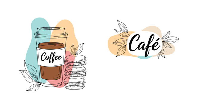 Artistic coffee shop illustration featuring a take away coffee cup alongside a stack of colorful macarons and botanical accents.