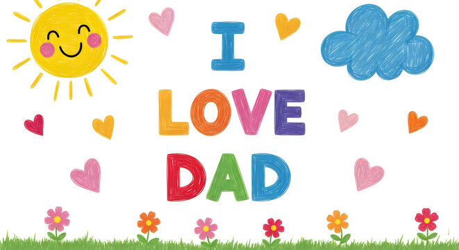 Happy father's day card child's drawing with sun hearts and 'i love dad'