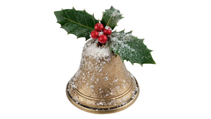 Classic retro golden bronze Christmas bell decorated with holly branch isolated on transparent background © nova-png