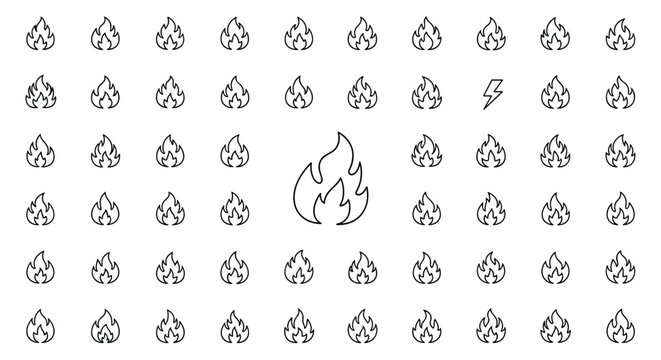 Pattern of small black fire icons with a single contrasting lightning bolt symbol in the middle of a white background.