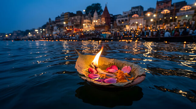 Ganga dussehra celebration with a floating diya on the ganges