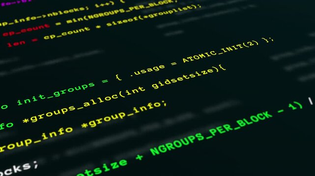 Clean digital screen layout showing automated software development data lines and programming script loop.